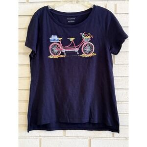 Talbots Women Navy Blue Beaded Sequin Bicycle T-Shirt Top Lg Cotton Short Sleeve